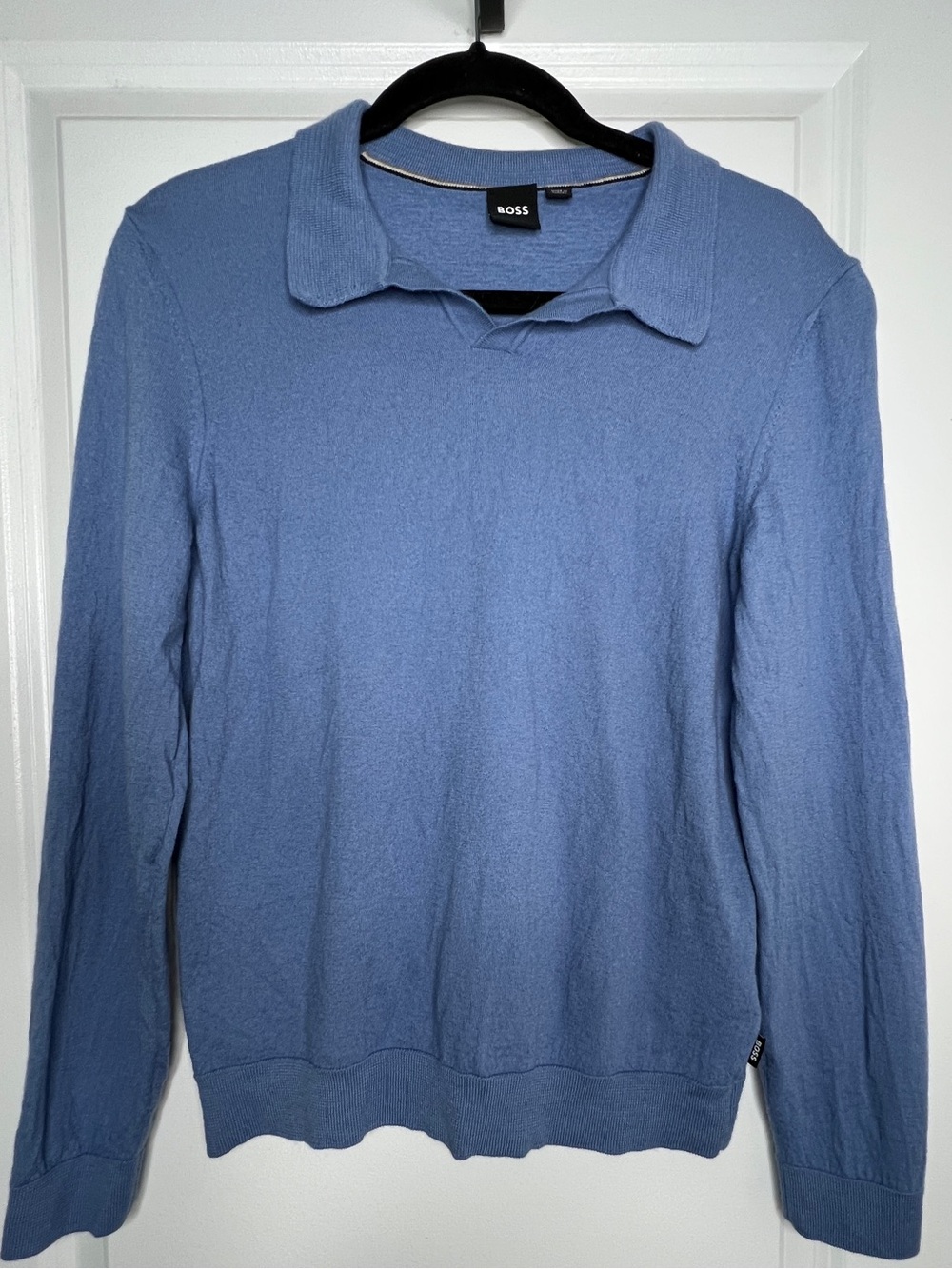 BOSS Hugo Boss Blue 100% Virgin Wool Long Sleeve Collared Knit Polo Sweater